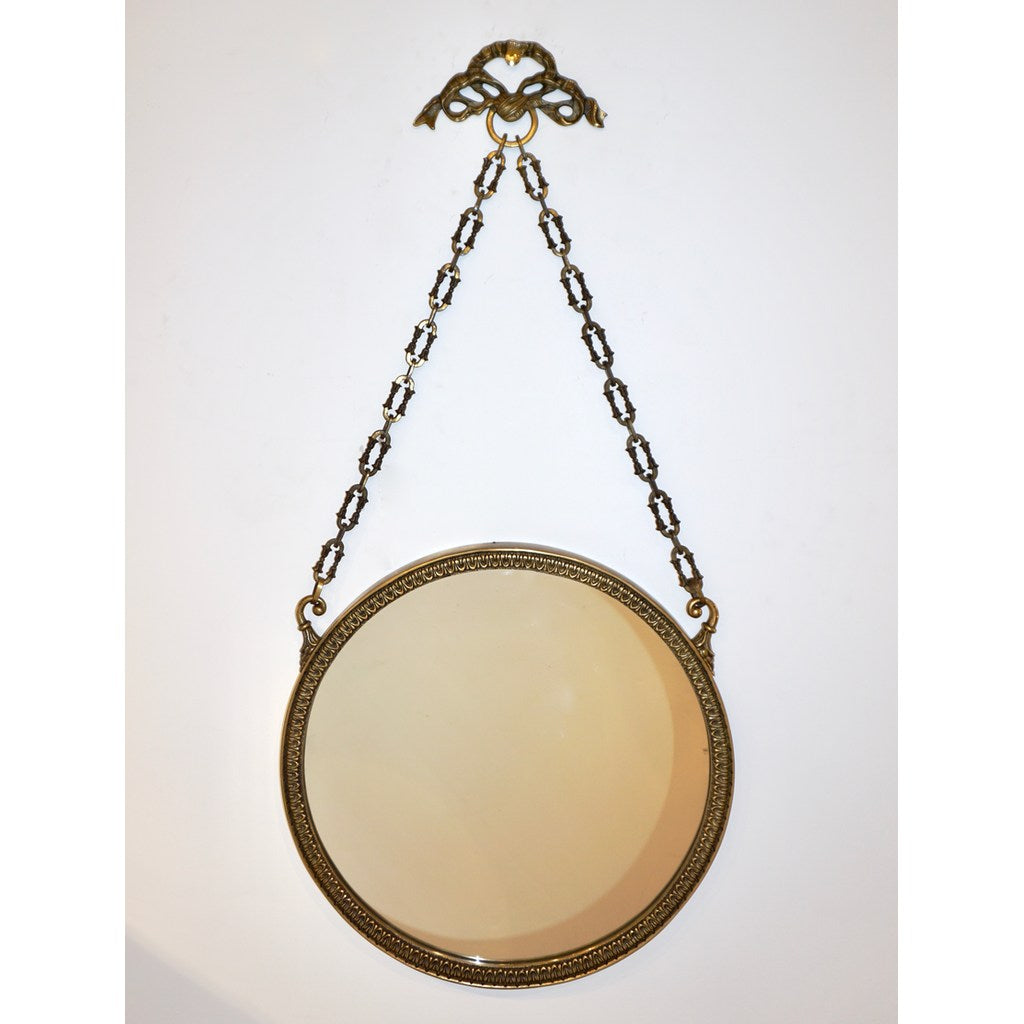 1950s Vintage Italian Chain Hanging & Chased Bronze Round Mirror with Knot