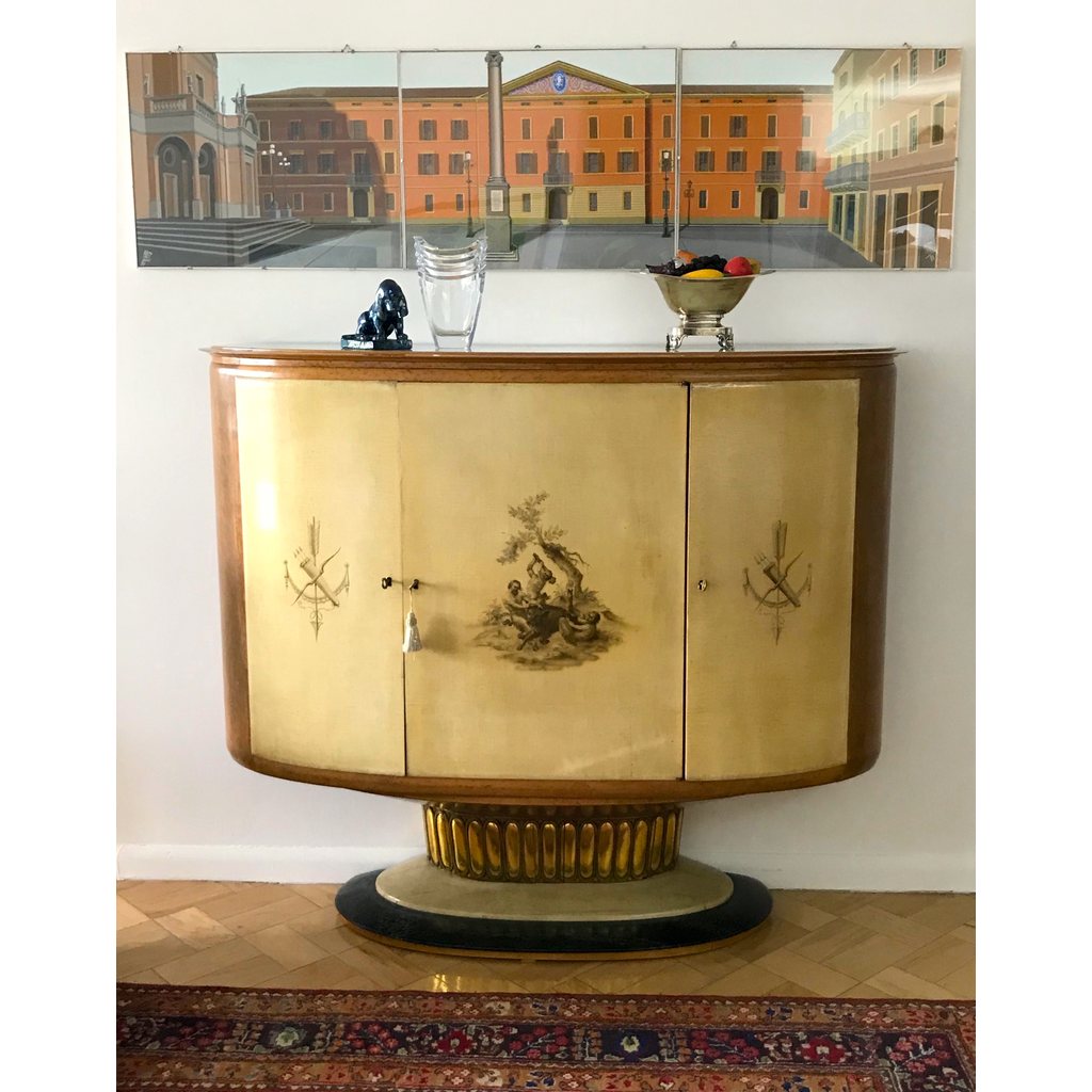 1940s Italian Parchment Cabinet or Bar with Bird's-Eye Maple Interior