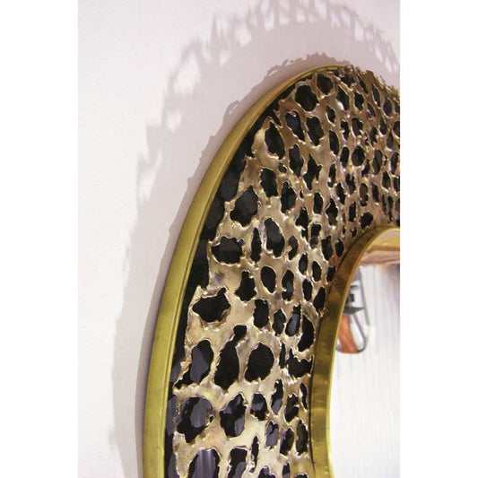 Contemporary Italian Brutalist Leopard Brass and Black Glass Modern Round Mirror - Cosulich Interiors & Antiques