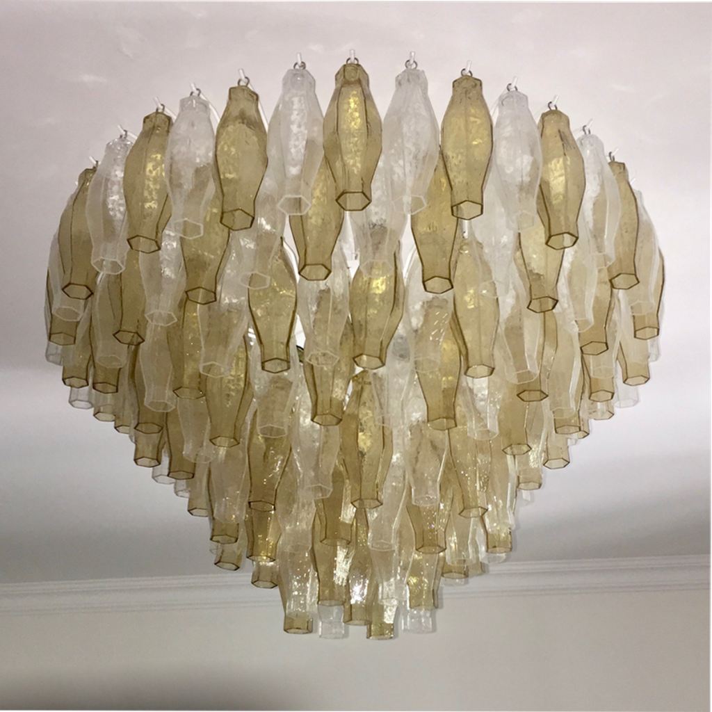 Contemporary Italian Poliedri Amber and Crystal Clear Murano Glass Chandelier