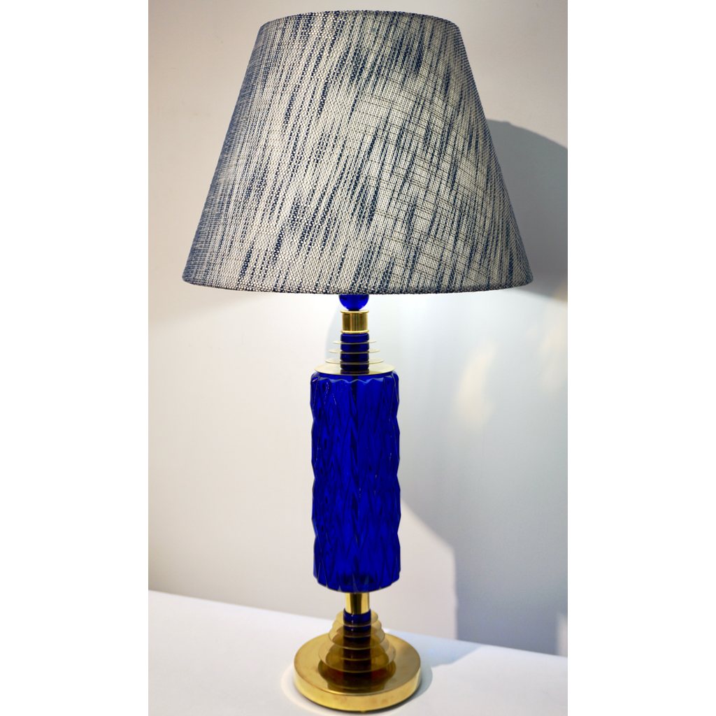 Contemporary Italian Pair of Brass and Cobalt Blue Murano Glass Table Lamps