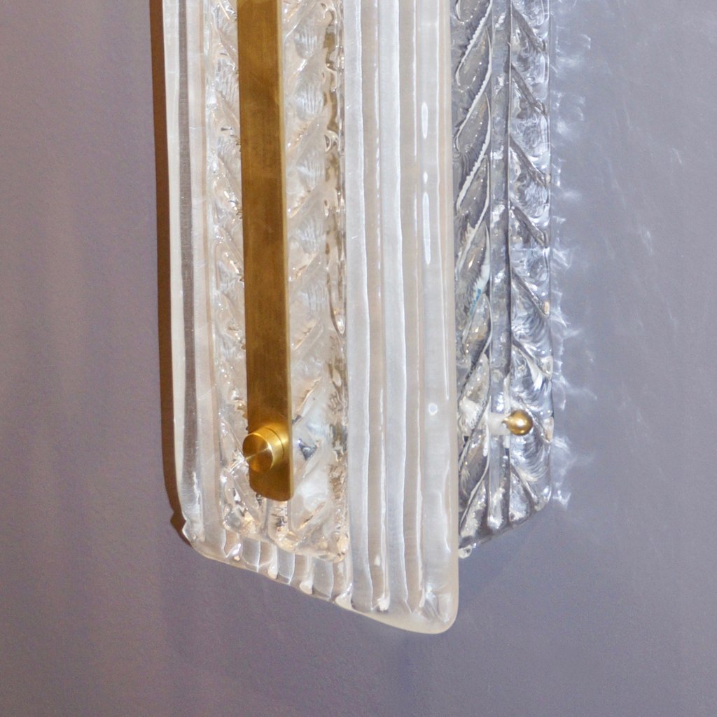 Italian Modern Pair Tall White Crystal Clear Leaf Textured Murano Brass Sconces