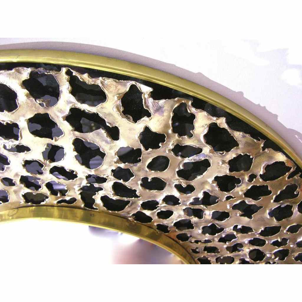 Contemporary Italian Brutalist Leopard Brass and Black Glass Modern Round Mirror - Cosulich Interiors & Antiques