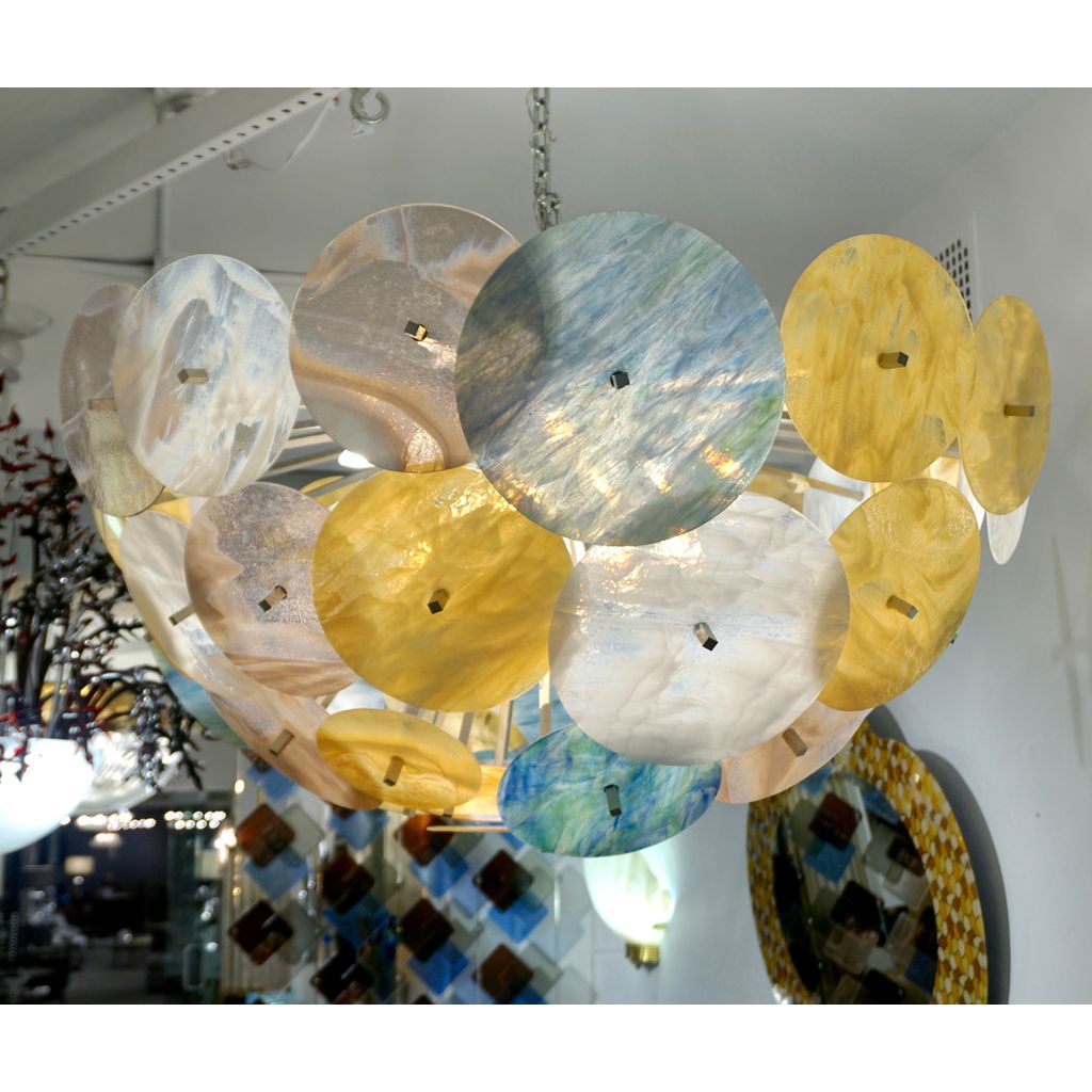 Contemporary Italian Yellow White Aqua Blue Murano Glass Oval Sputnik Flushmount