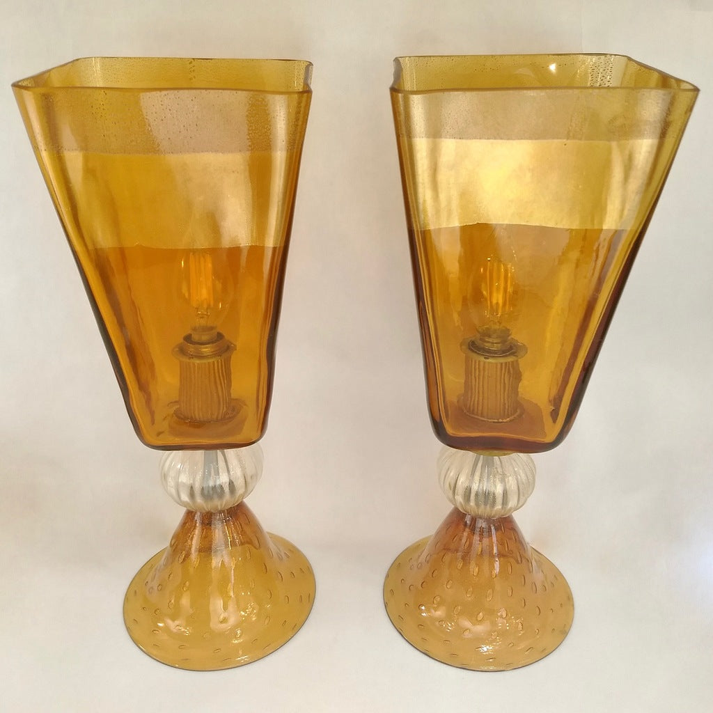 Linea Padovan 1970s Vintage Pair of Amber Gold and Crystal Murano Glass Lamps