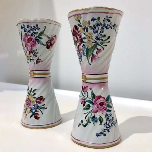 1870s St. Clement French Faience Majolica Pair of White Pink Flower Vases