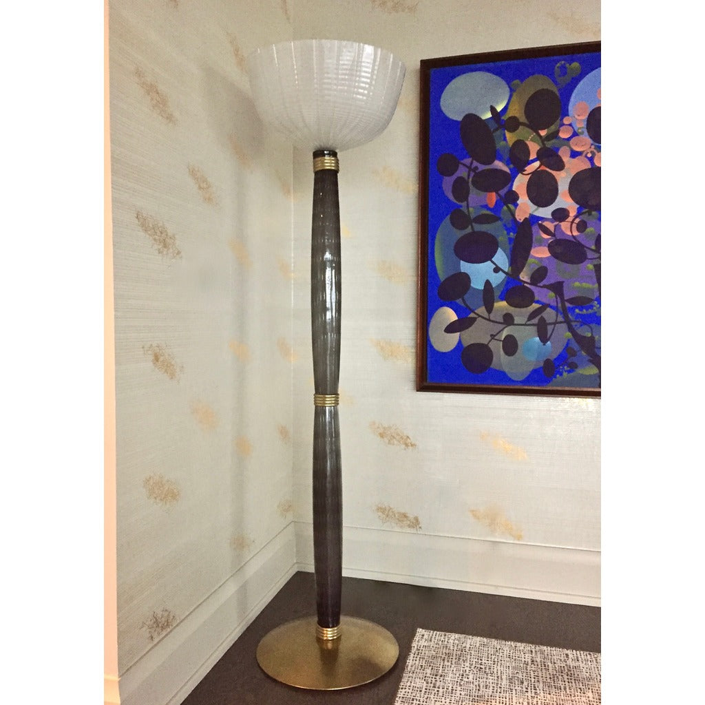 1950s Barovier Toso Olive Grey White Murano Glass Floor Lamp on Round Brass Base