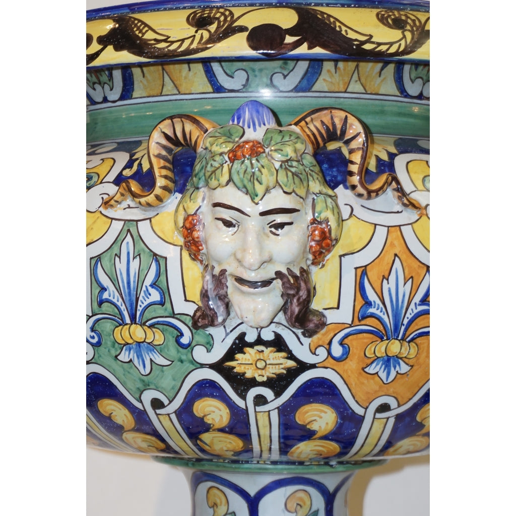 Montagnon French 19th Century Blue Yellow Green Majolica Jardinière on Stand