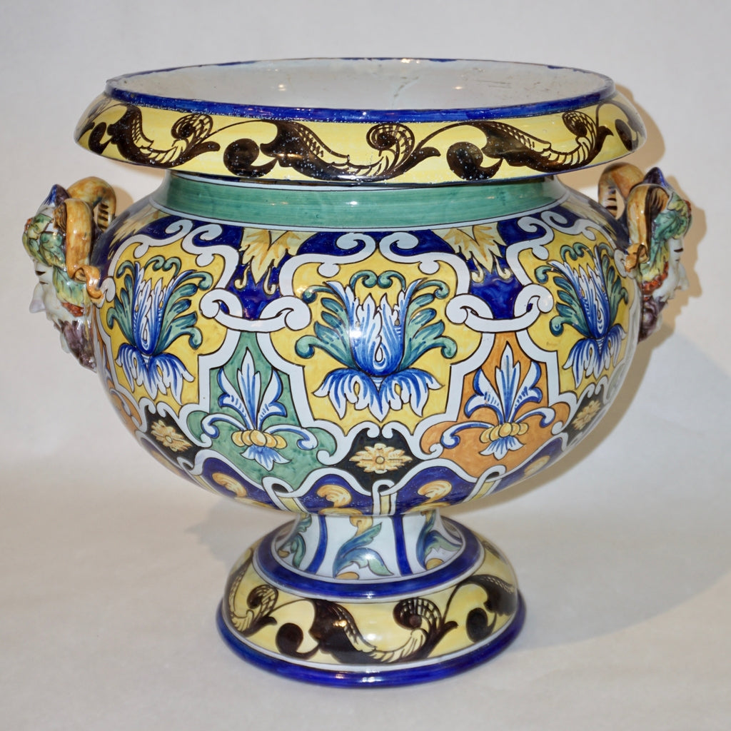 Montagnon French 19th Century Blue Yellow Green Majolica Jardinière on Stand