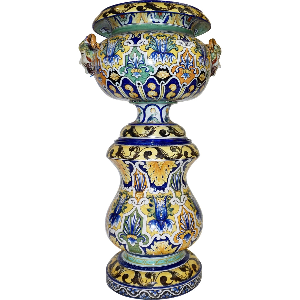 Montagnon French 19th Century Blue Yellow Green Majolica Jardinière on Stand