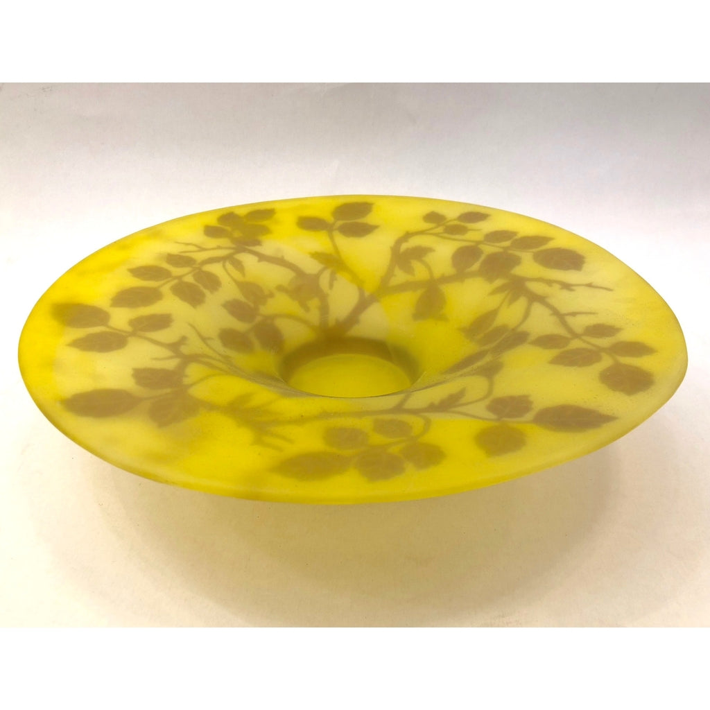 1970 Austrian Vintage Art Nouveau Style Yellow Glass Bowl with Brown Rose Leaves