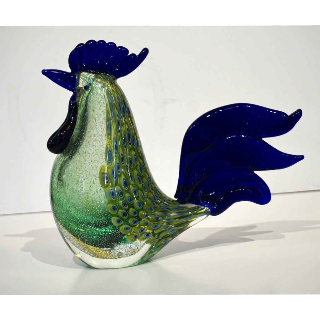 1980s Italian Vintage Silver Navy Blue Green Murano Art Glass Hen Bird Sculpture