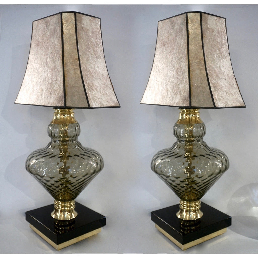 1980 Italian Vintage Pair of Smoked Murano Glass Lamps with Black & Brass Accent