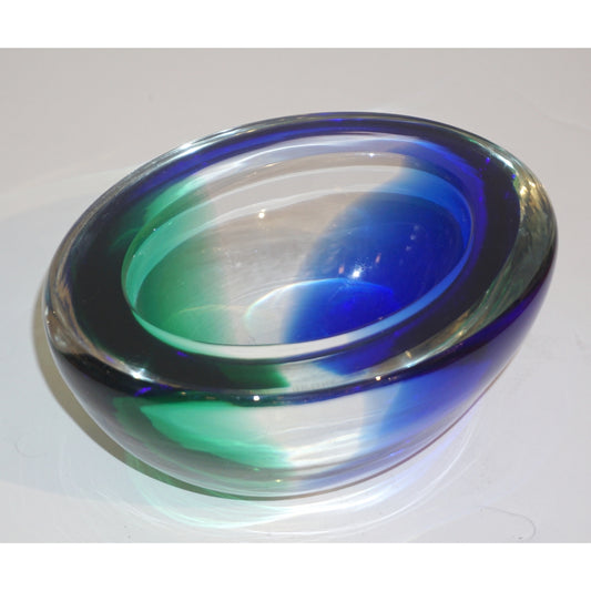 Venini 1970s Italian Murano Glass Geometric Oval Blue Green Murano Glass Bowl