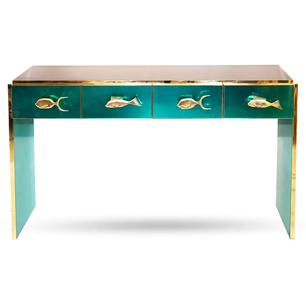 Bespoke Italian Design 4-Drawer Burgundy & Brass Console Center Table/Sideboard