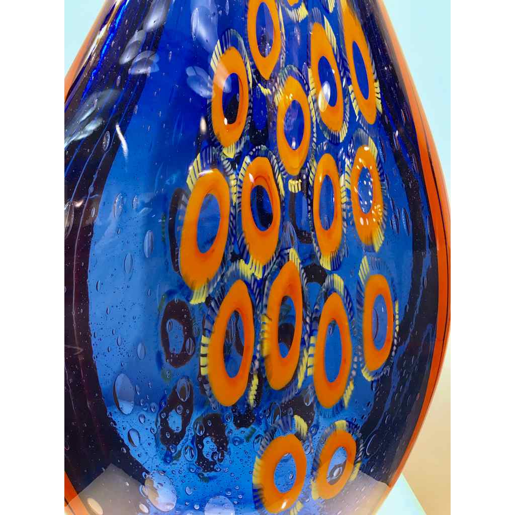 Dona Modern Art Glass Blue and Orange Sculpture Vase with Red and Yellow Murrine