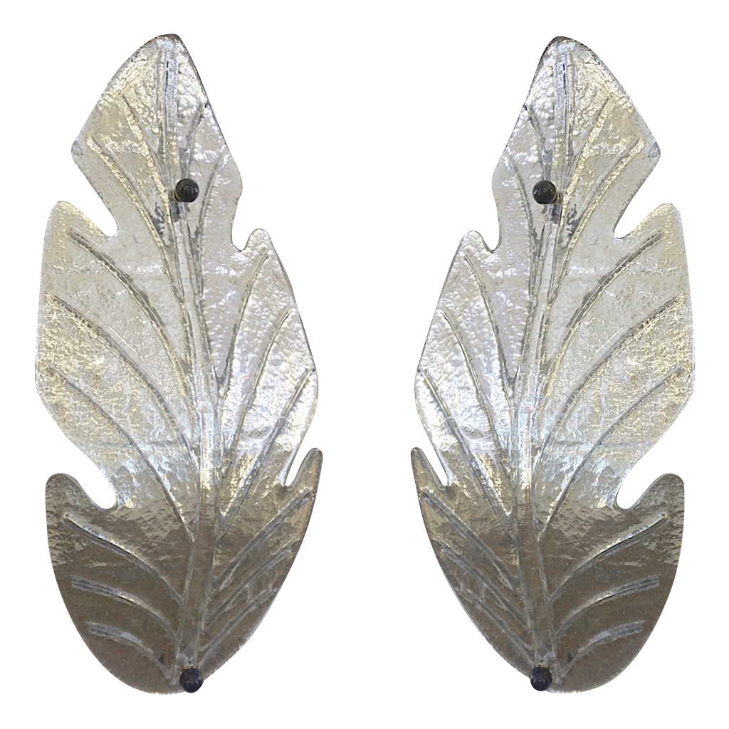 1980 Italian Vintage Nickel Pair of Tall Silver Color Murano Glass Leaf Sconces