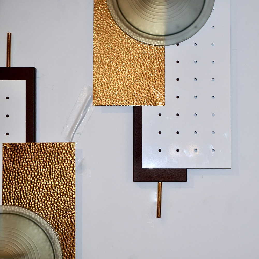 Italian Modernist Gold White & Brown Geometric Textured Metal & Glass Sconces