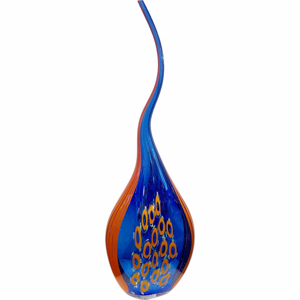 Dona Modern Art Glass Blue and Orange Sculpture Vase with Red and Yellow Murrine