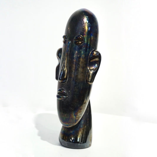 Italian Modernist Black Iridescent Murano Glass Sculpture in the Shape of a Head