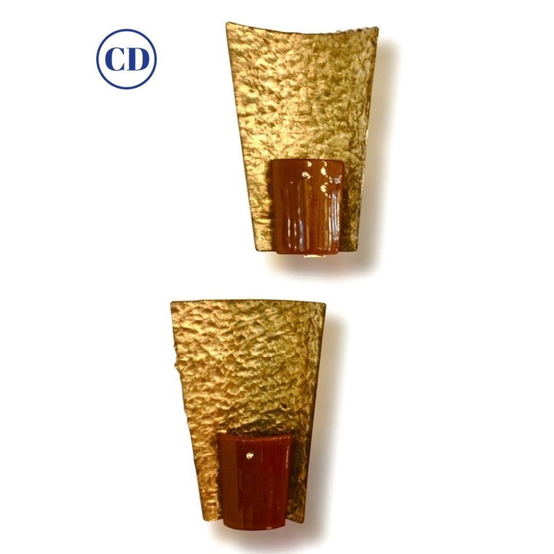 Contemporary Italian Pair of Gold and Amber/Orange Murano Glass Organic Sconces