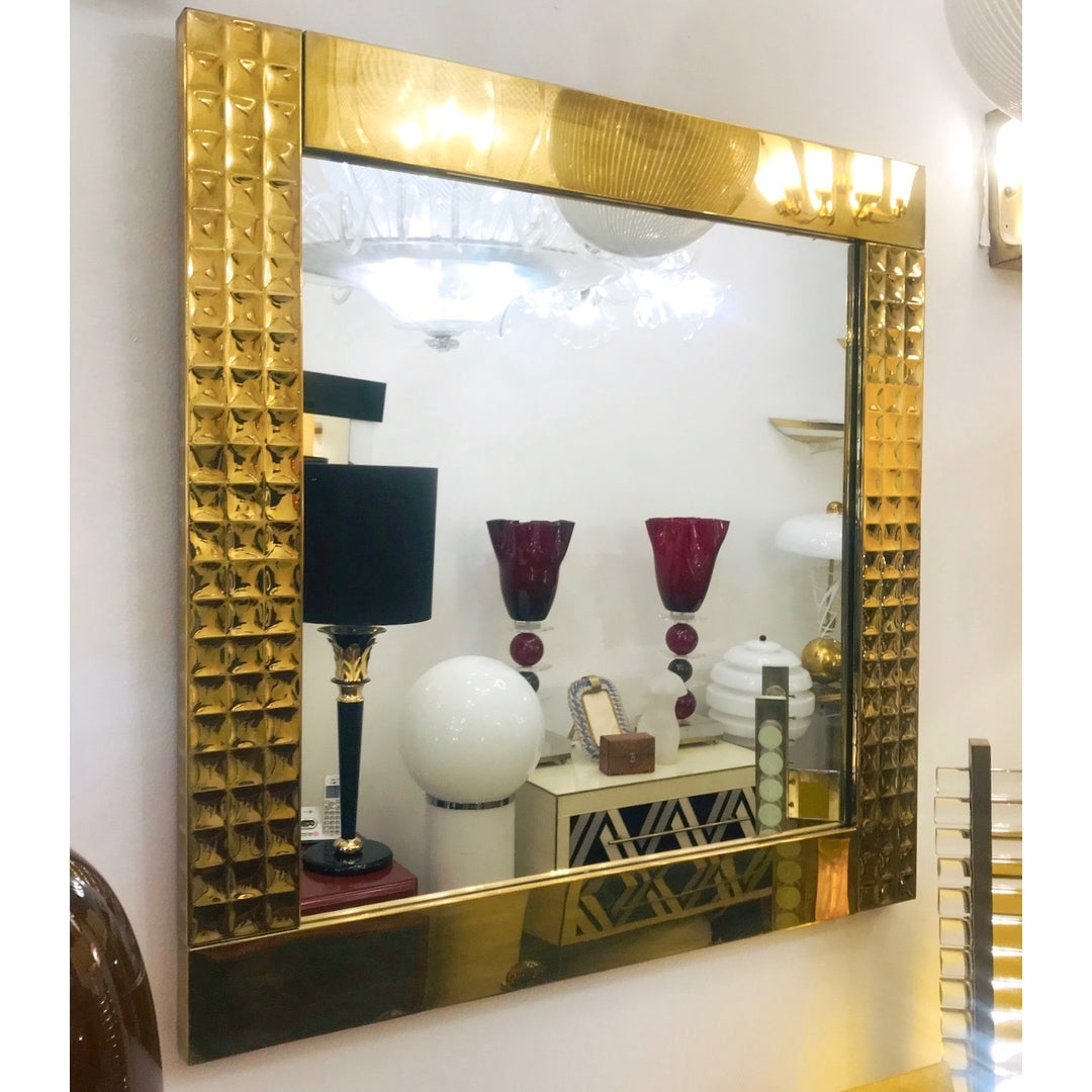 Italian 1970s Vintage Brass Square Wall Mirror with Modern Gold Jewel-Like Detail