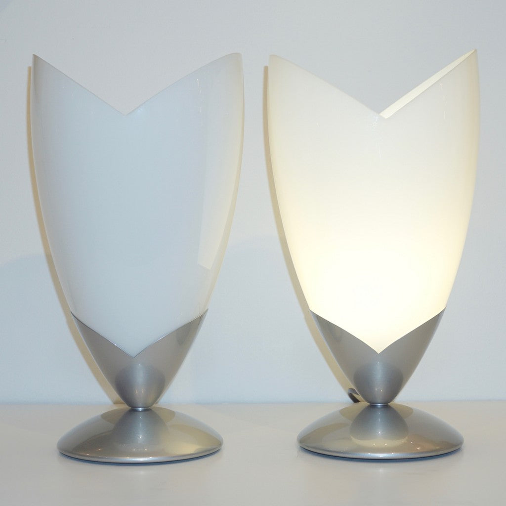 1970s Italian Pair of Satin Nickel & White Glass Tulip Table Lamps by Tronconi