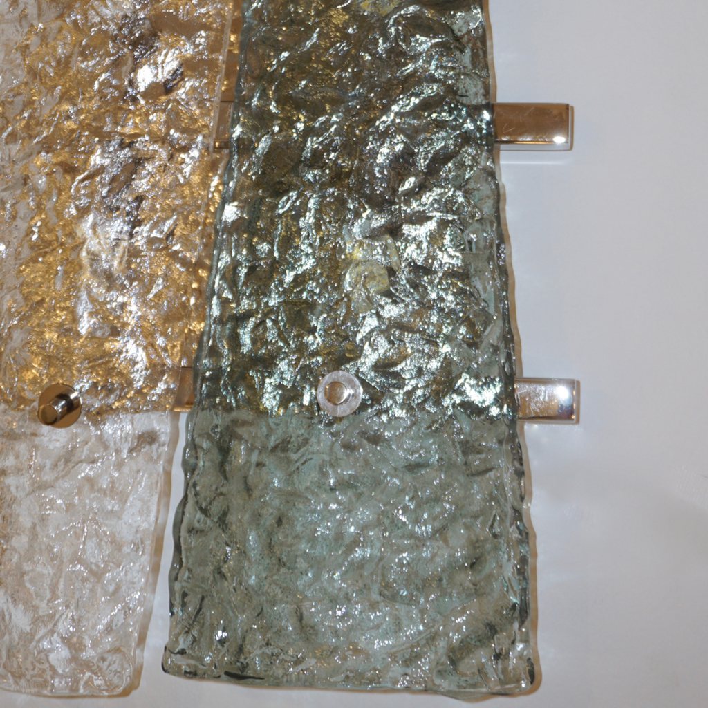 Contemporary Pair of Geometric Crystal & Aqua Green Murano Glass Nickel Sconces
