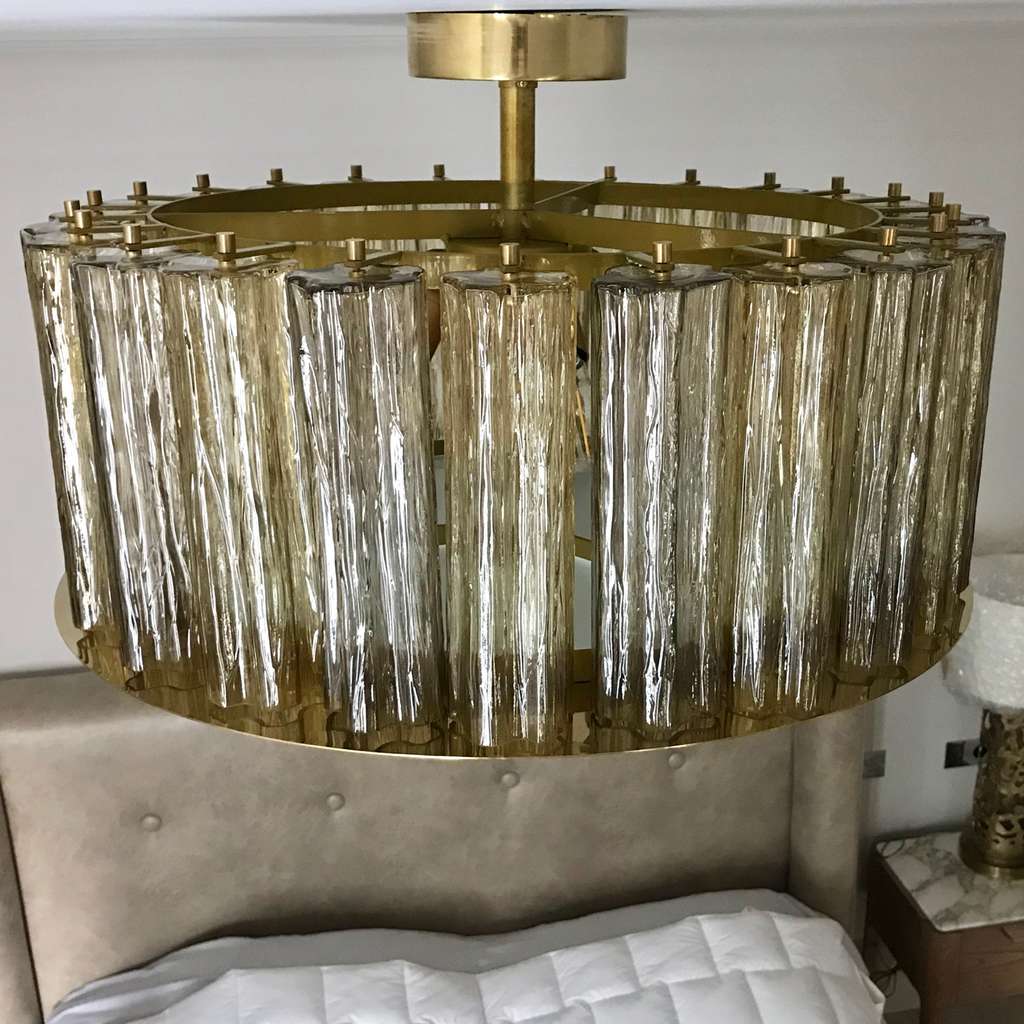 Italian Art Deco Style Crystal & Smoked Murano Glass Round Flush Mount on Brass