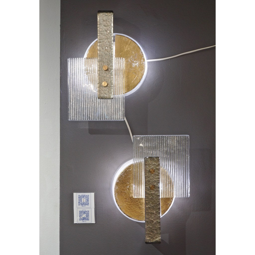 Italian Pair of Abstract Modern Gold Silver and Crystal Murano Glass Sconces