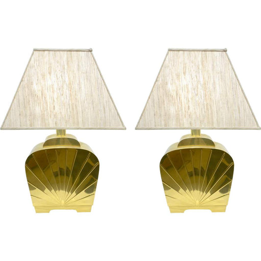 1970s Chapman Vintage Art Deco Design Pair of Hollywood Regency Gold Brass Table Lamps