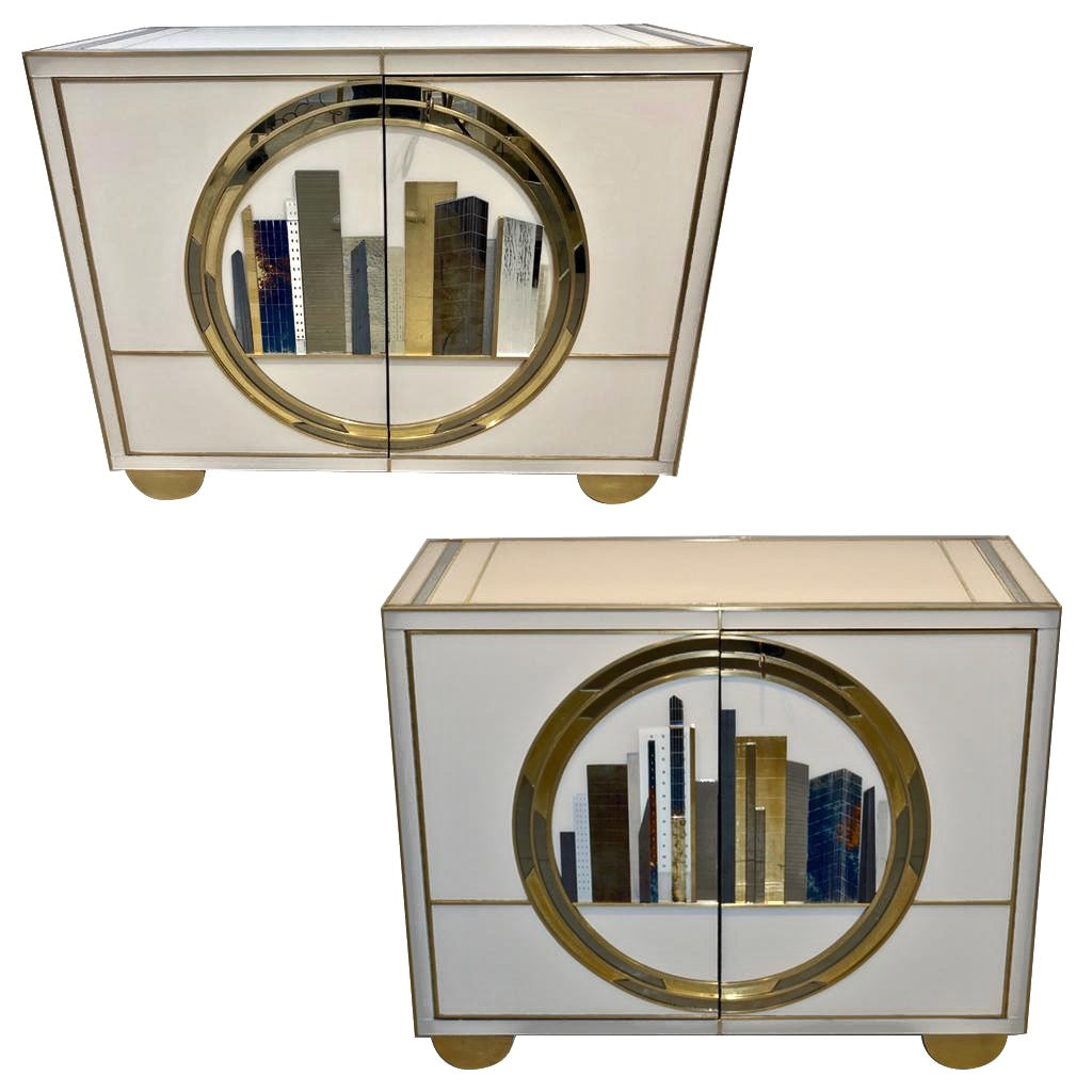 Italian Contemporary Bespoke Ivory Cabinets with New York Blue & Gold Skyline