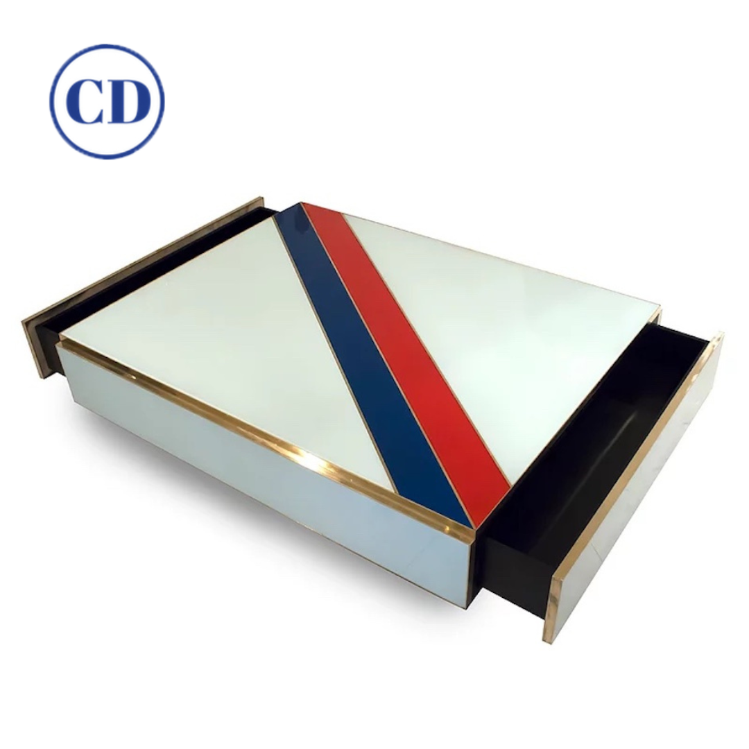 Custom Italian Art Design 2-Drawer Red Blue Stripe White Glass Low Coffee Table