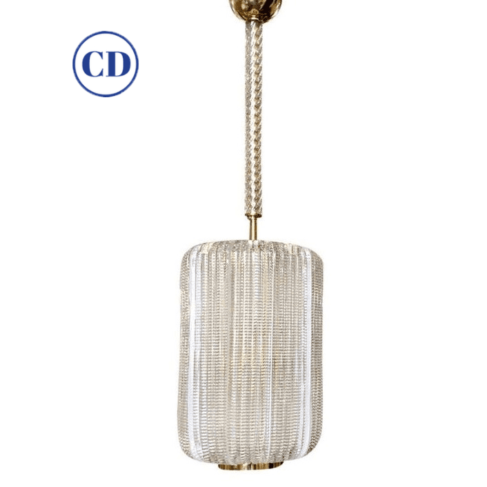 Contemporary Italian Vintage Design Crystal Murano Glass Brass Cylinder Lantern