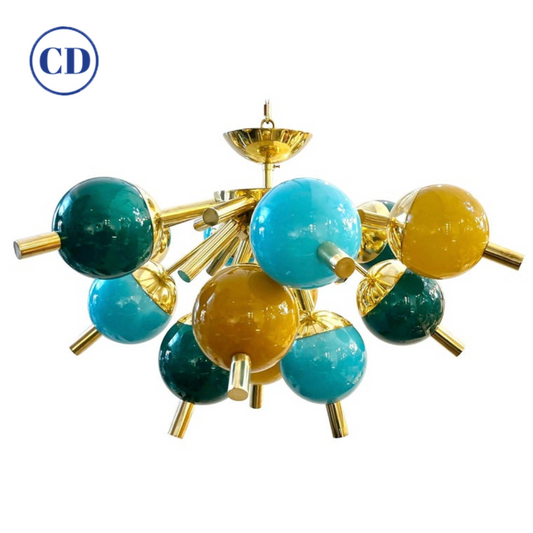 Custom Italian Green Turquoise Gold Murano Glass Brass Sputnik Globe Flushmount