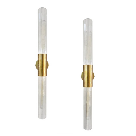 1980s Italian Art Deco Style Pair of Reeded Crystal Glass Brass Tubular Sconces