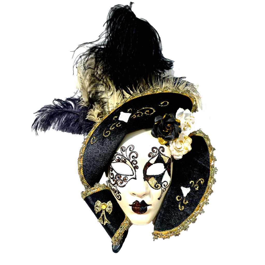 Italian Modern Venetian Handmade White Black and Gold Carnival Mask with Fabric Hat Collar and Feathers - Cosulich Interiors & Antiques
