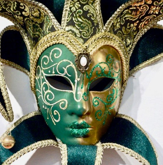 Contemporary Italian Green Gold Venice Modern Mask With Jester Collar And Bells