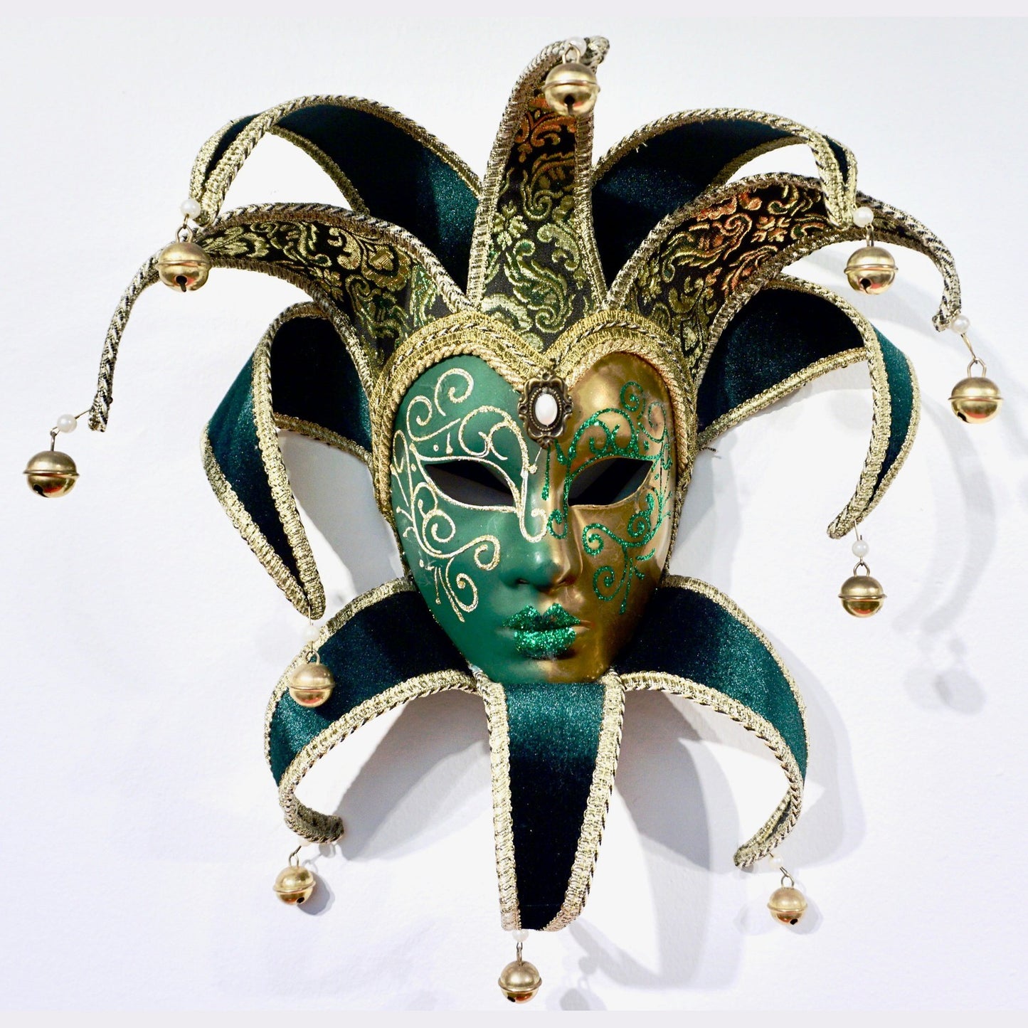 Venetian Green or Cobalt Blue and Gold Modern Mask with Jester Collar and Bells - Cosulich Interiors & Antiques
