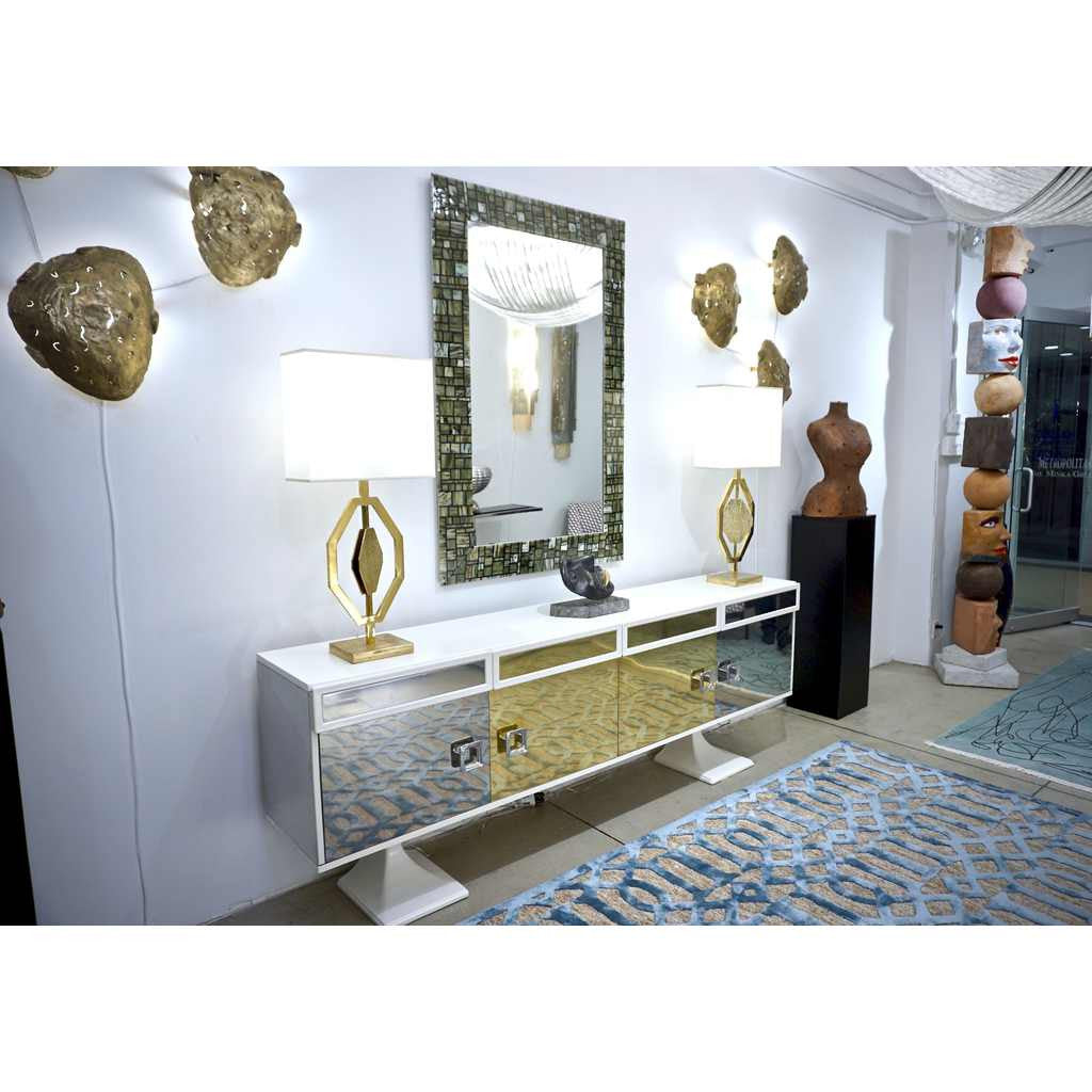 Modern Italian Green Cream Caramel White and Black Murano Glass Mosaic Mirror - Cosulich Interiors & Antiques