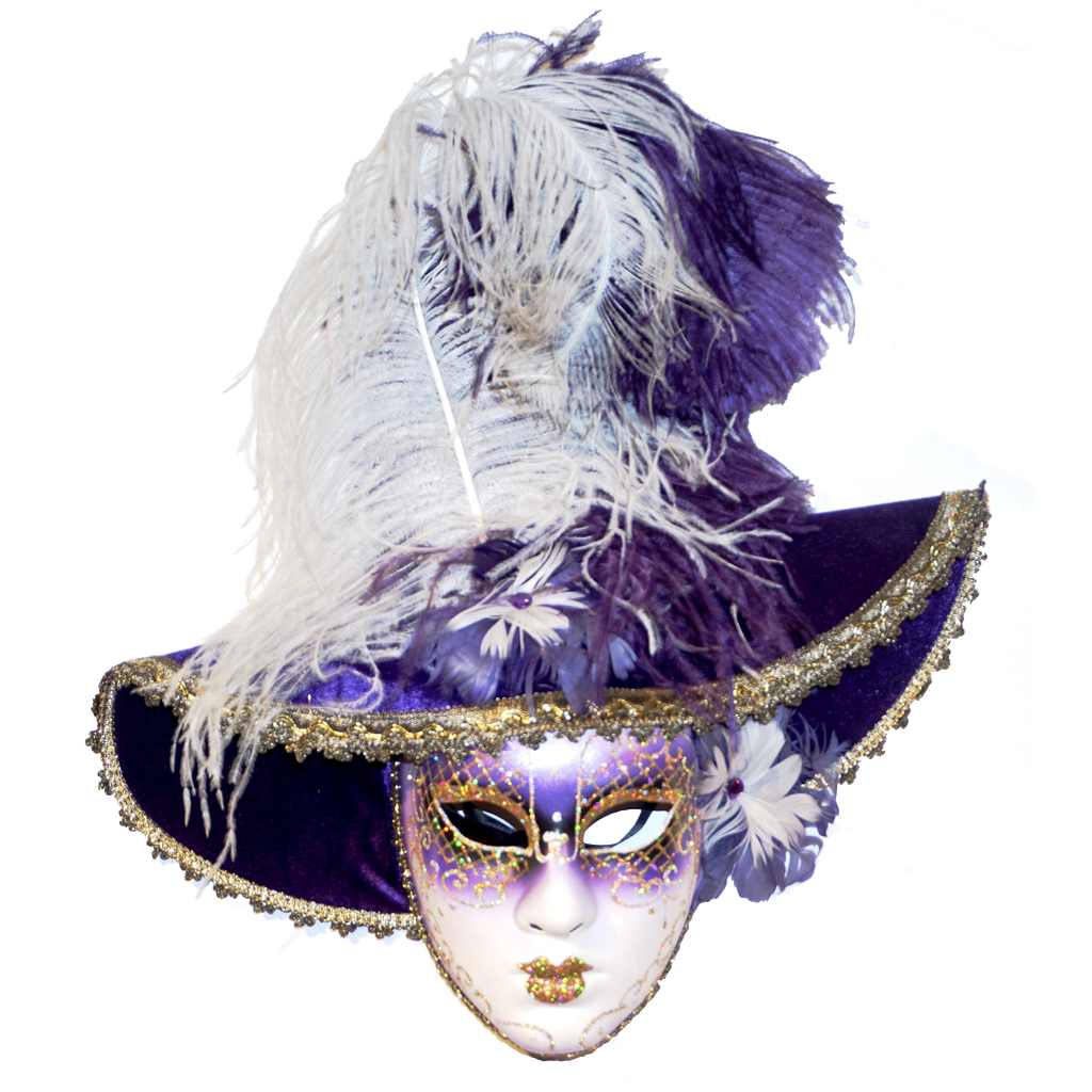 Italian Modern Venetian Handmade Carnival Purple and Gold Mask with Fabric Hat and Feathers - Cosulich Interiors & Antiques