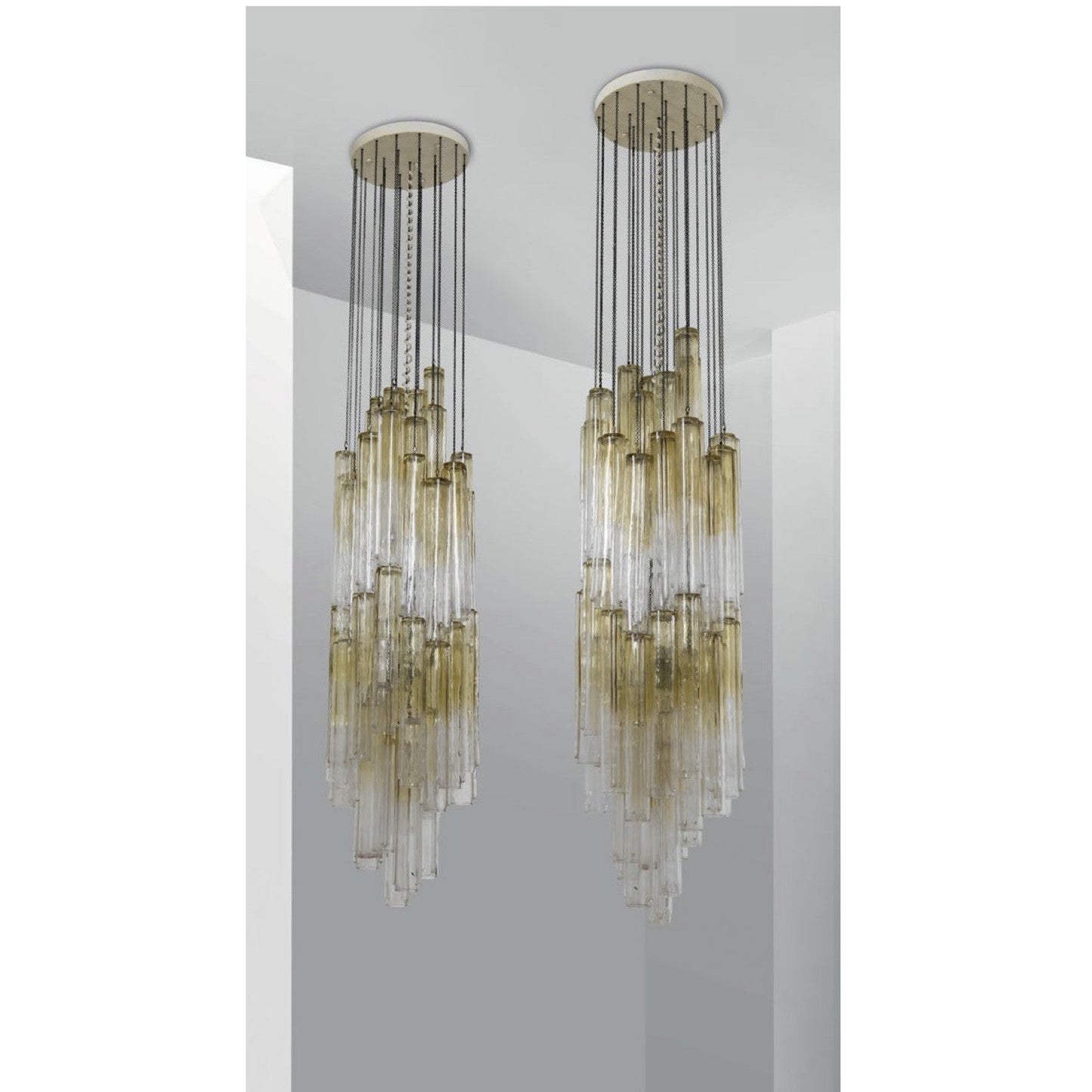 1970s Venini Pair of Chandeliers with Clear and Amber Gold Murano Glass Pendants