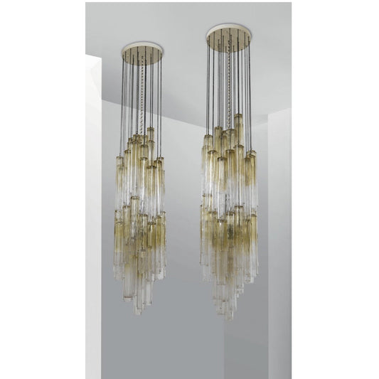 1970s Venini Pair of Chandeliers with Clear and Amber Gold Murano Glass Pendants