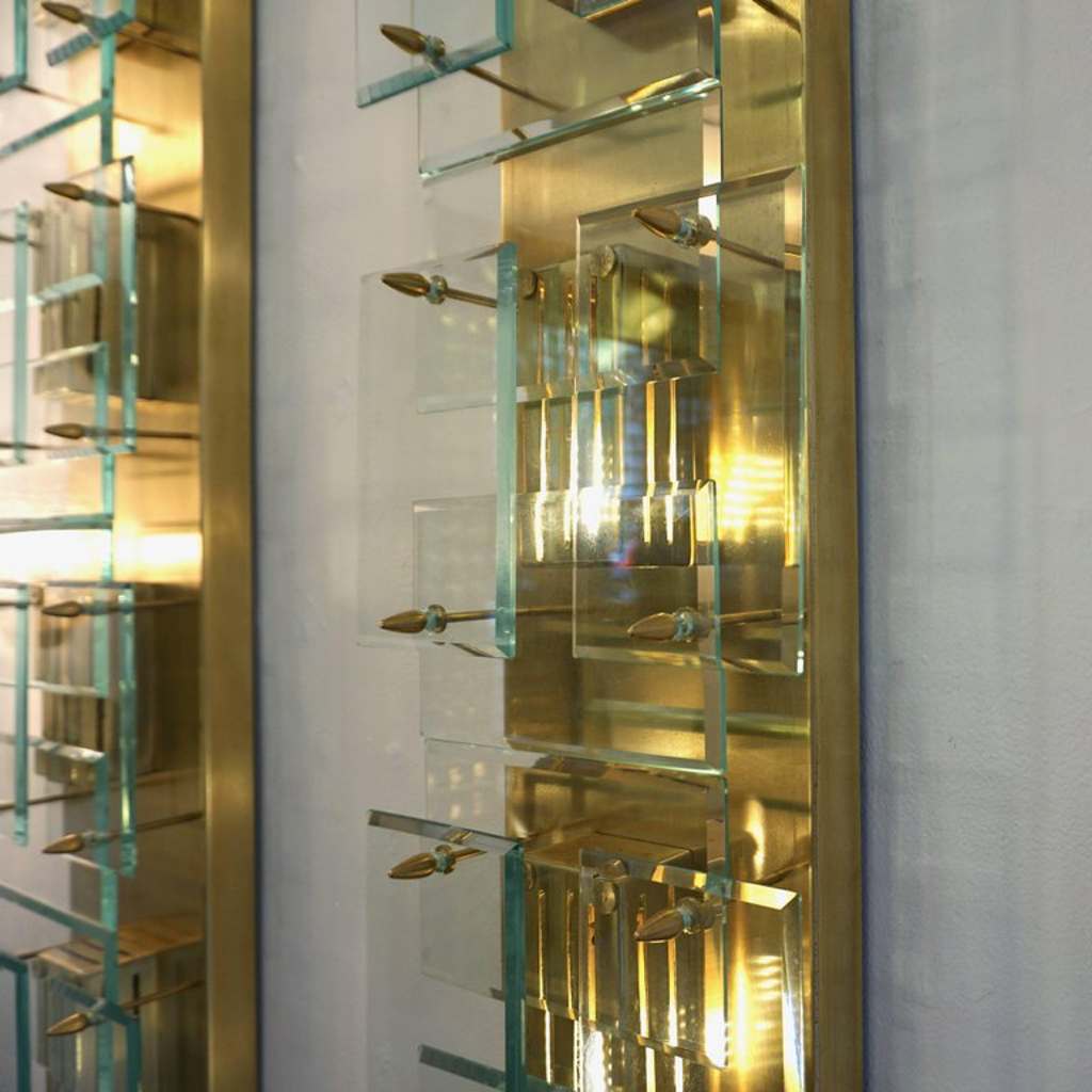 1980s Italian Pair of Modern Gold Brass Monumental Sconces with Aqua Tint Glass - Cosulich Interiors & Antiques