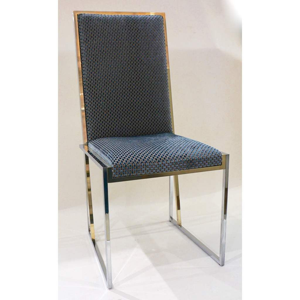 1970s Italian Six Brass and Chrome Modern Chairs, Blue and White Fabric - Cosulich Interiors & Antiques