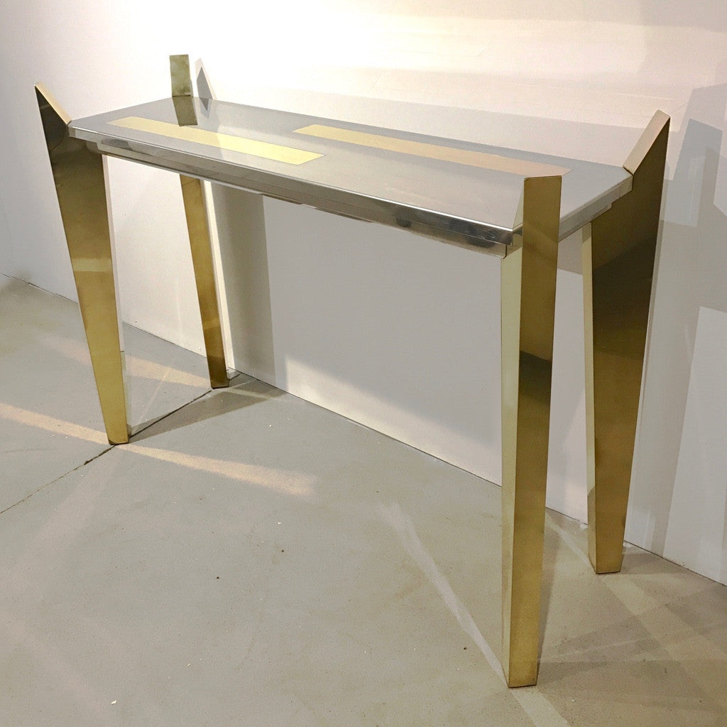 1970's Vintage Italian Brass and Nickel Wood Console of Modern Graphic Design - Cosulich Interiors & Antiques
