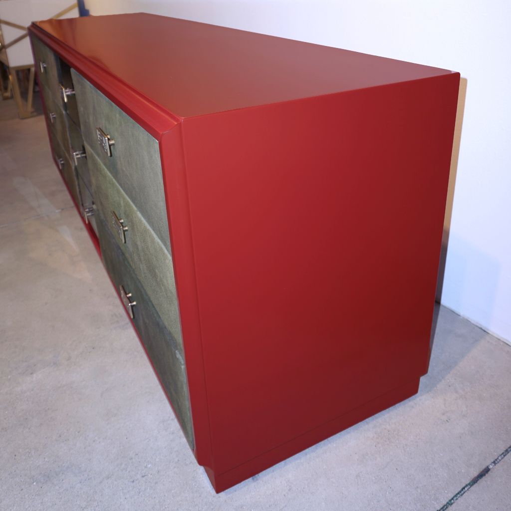 1970 Italian Green Leather Burgundy Lacquer Dresser with Mirror & Bronze Accents - Cosulich Interiors & Antiques