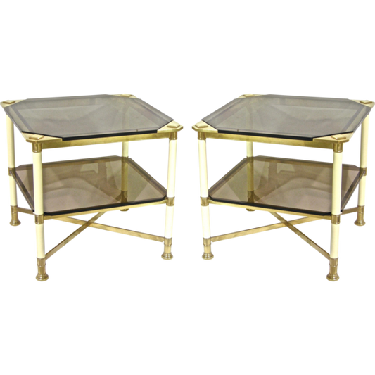 Vivai del Sud 1970s Rare Pair of Smoked Glass and Ivory Brass Side Tables - Cosulich Interiors & Antiques