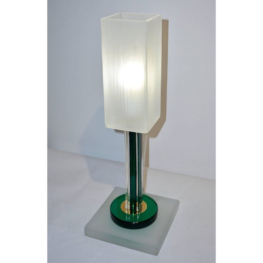 Venini Vintage Green Pair of Table Lamps with White Frosted Murano Glass Shades
