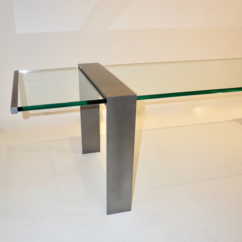 1970s Italian Design Urban Geometric Iron Satin & Crystal Clear Long Sofa Table - Cosulich Interiors & Antiques